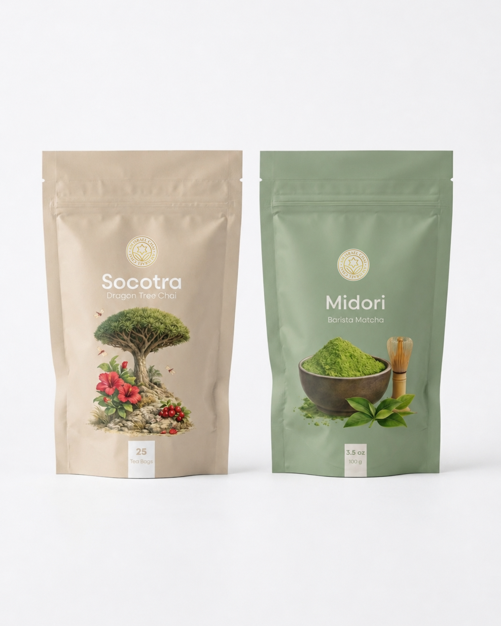Midori Barista Matcha and Socotra Hibiscus Chai bundle. Two stand-up pouches of Ceremonial Tea from the brand Soma: a beige pouch labeled 'Socotra' with a bonsai tree and red flowers illustration, and a sage green pouch labeled 'Midori' with a bowl of green tea and bamboo whisk illustration, set against a clean white background.