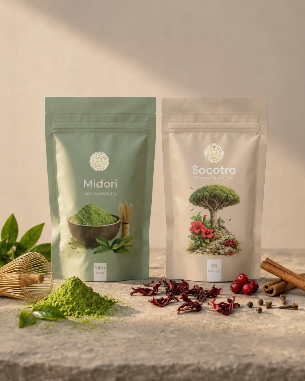 Two stand-up pouches of herbal tea or matcha-style products on a stone surface: a sage green pouch labeled Midori with green powder in front, and a cream pouch labeled Socotra with botanical artwork. Decorative leaves, dried red flowers, berries, and spices are arranged around them against a warm beige background.