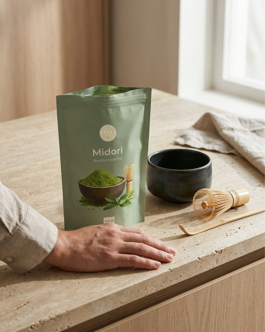 Green package of Midori matcha on a wooden surface with a hand and tea-making tools.