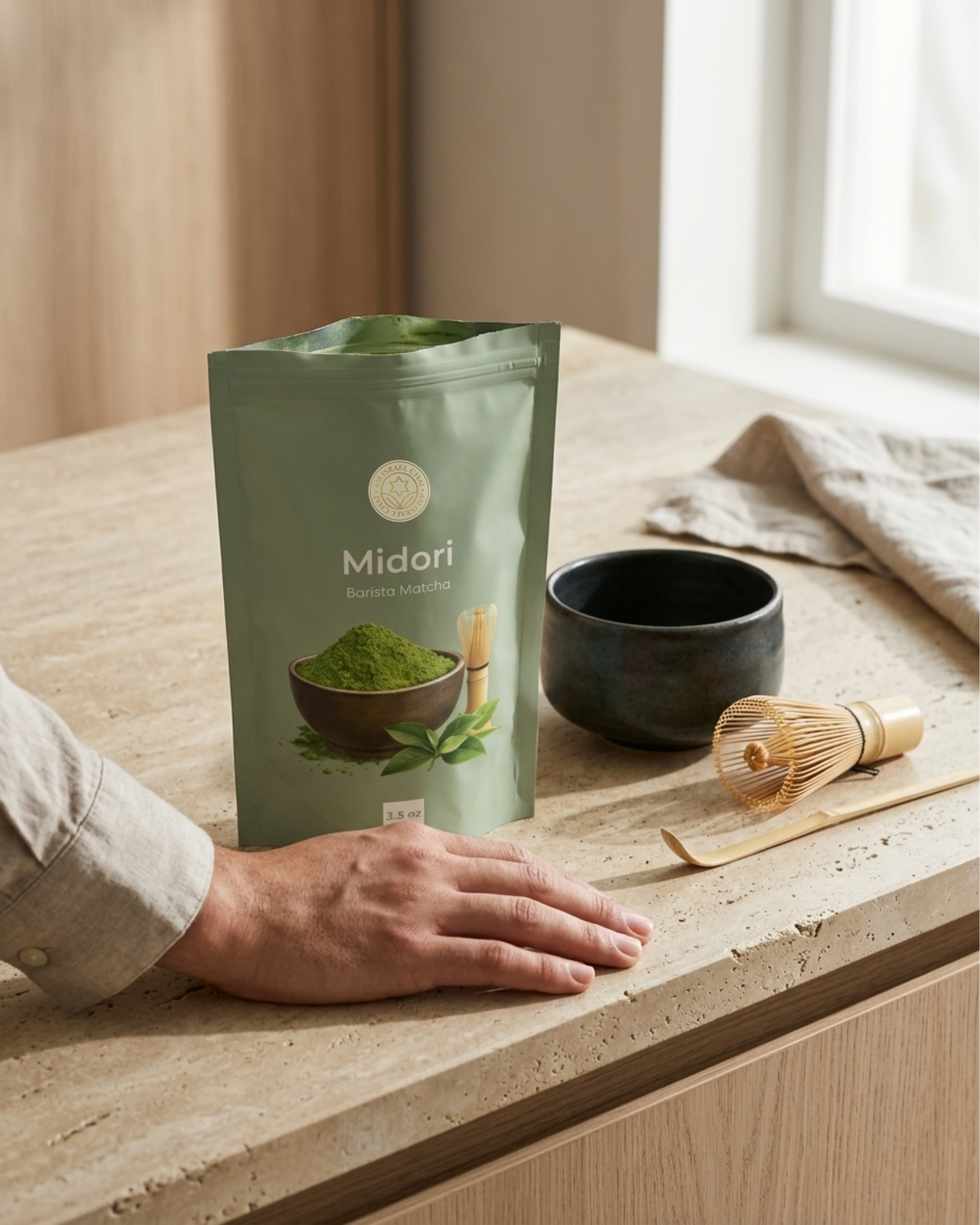 Green package of Midori matcha on a wooden surface with a hand and tea-making tools.