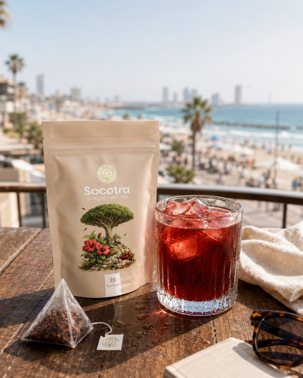 A stand-up pouch of Socotra tea sits on a wooden table beside a glass of iced red beverage, with a beach and ocean visible in the background. A tea bag and sunglasses are also on the table.